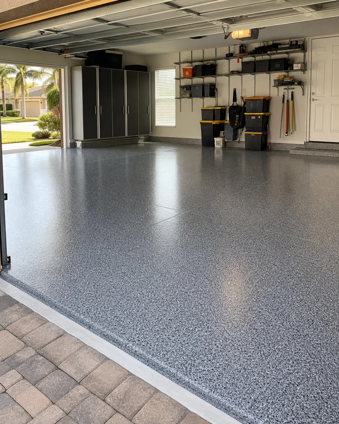 Clean garage interior with polished concrete floor